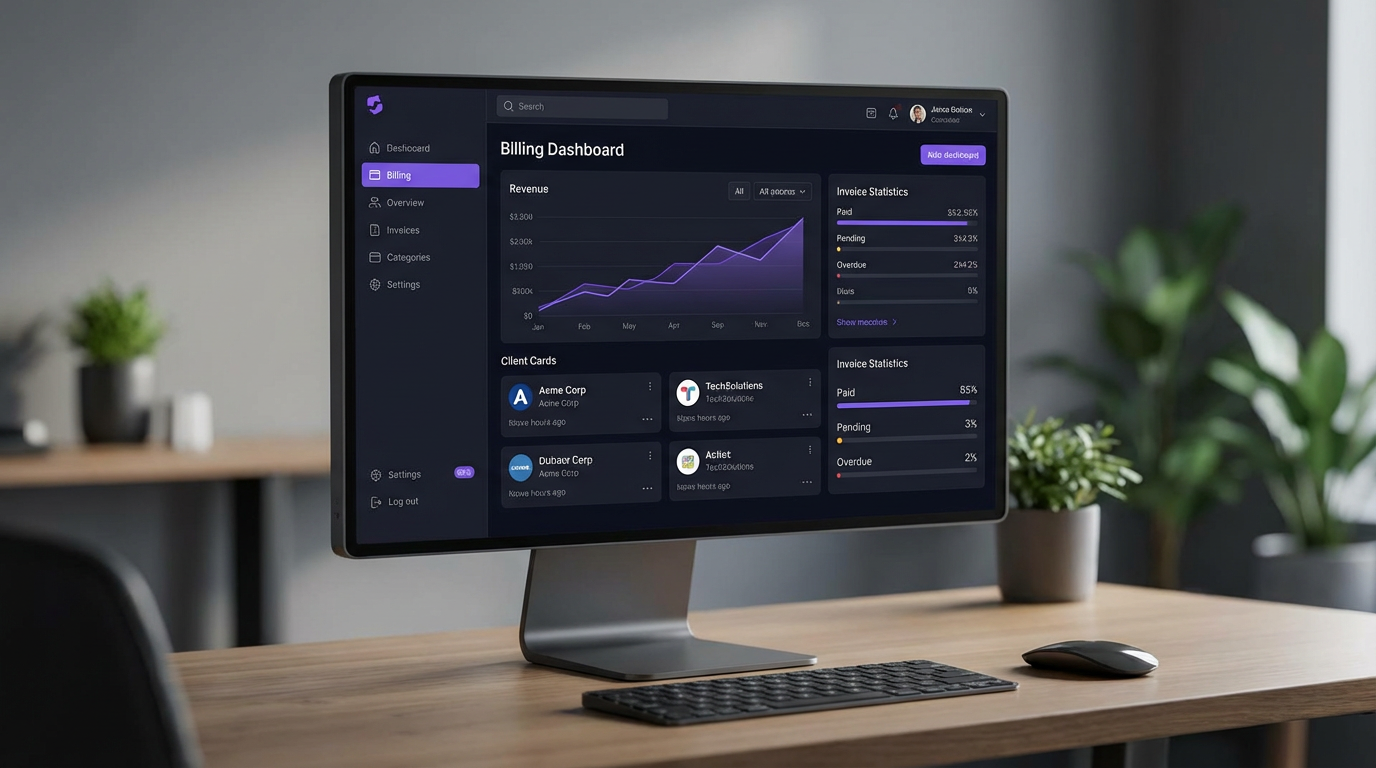 BoltBill Pro dashboard showing revenue metrics, client management, and invoice tracking
